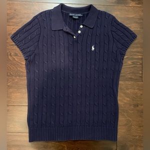 Women’s Polo Ralph Lauren Blue Cable Knit Sweater Short Sleeve Polo Shirt- XL